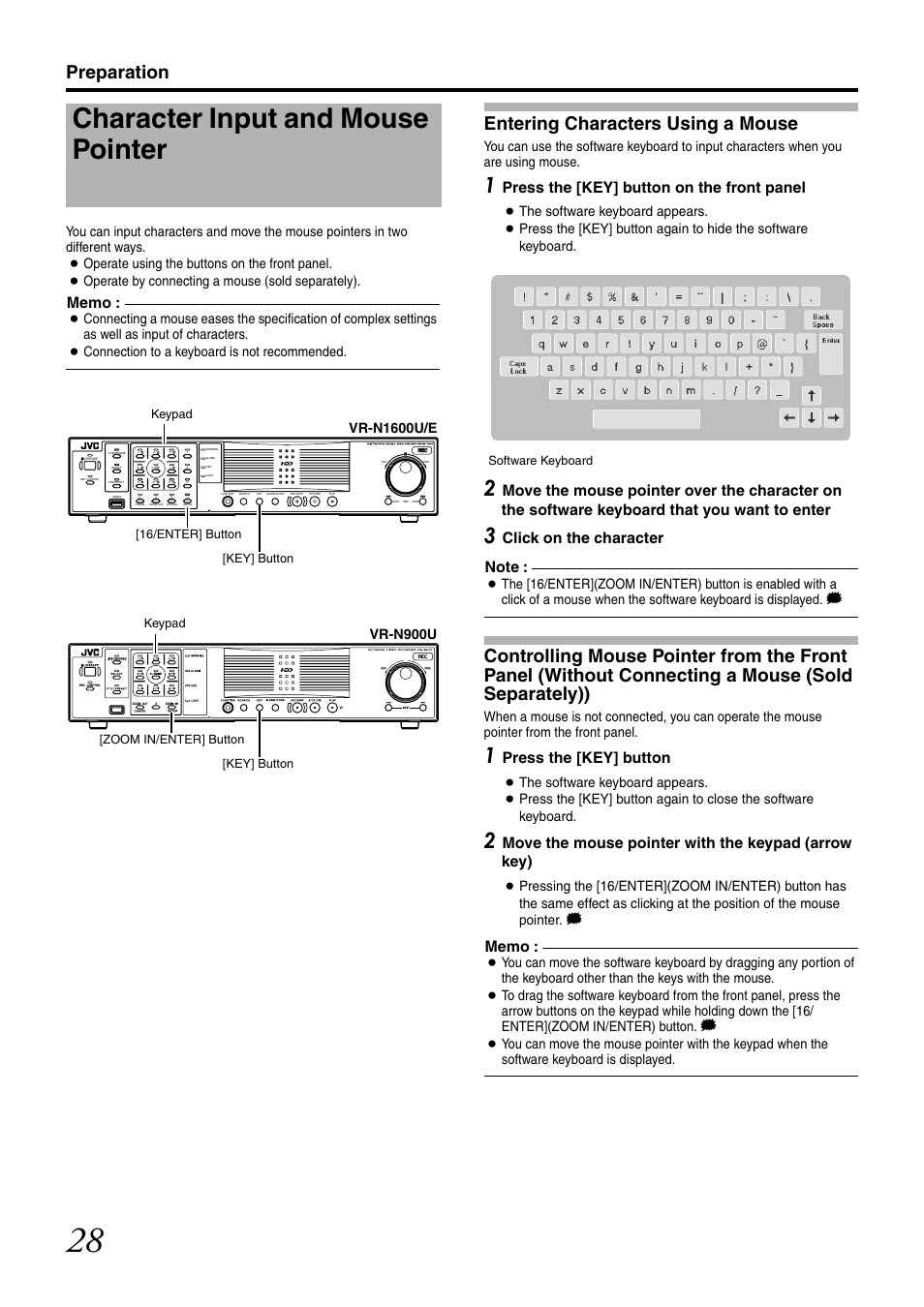 Character input and mouse pointer, Entering characters using a mouse, Controlling mouse pointer from the front panel | Without connecting a mouse (sold separately)), Preparation, Press the [key] button on the front panel, Press the [key] button, Move the mouse pointer with the keypad (arrow key), Connection to a keyboard is not recommended, Software keyboard is displayed | JVC LST0728-001C User Manual | Page 36 / 168