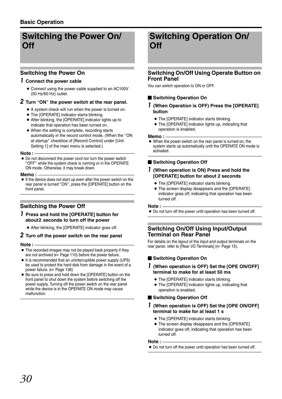 Basic operation, Switching the power on/ off, Switching operation on/ off | Switching the power on/off, Switching operation on/off | JVC LST0728-001C User Manual | Page 38 / 168