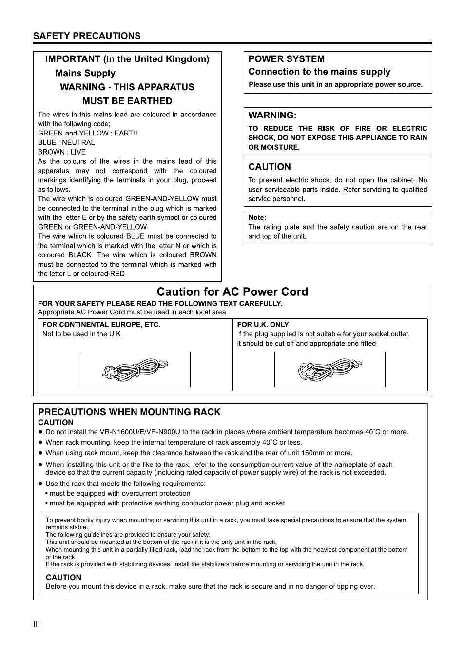 Safety precautions, Precautions when mounting rack | JVC LST0728-001C User Manual | Page 4 / 168