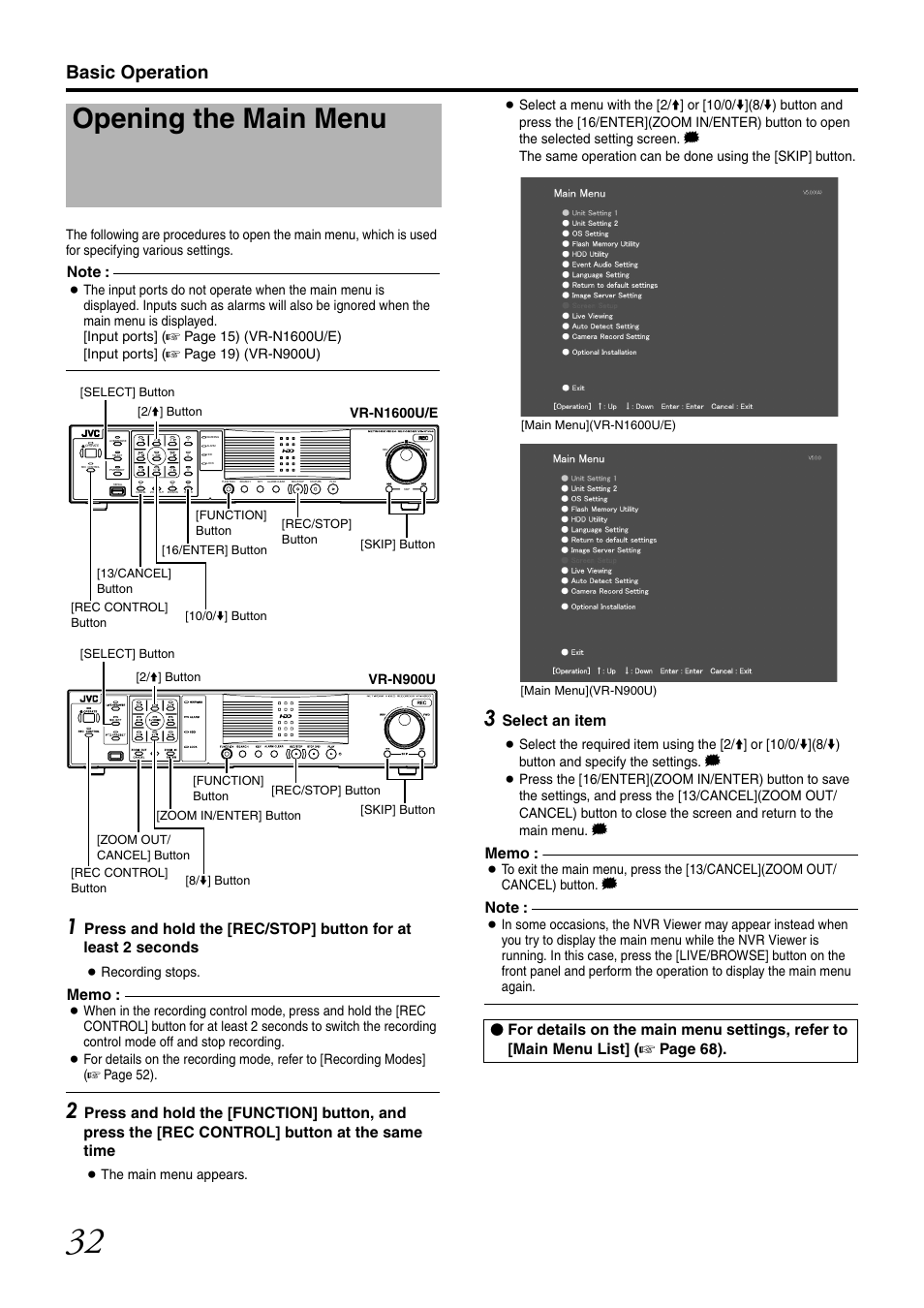 Opening the main menu, Basic operation, Select an item | Recording stops, A page 52), Again | JVC LST0728-001C User Manual | Page 40 / 168