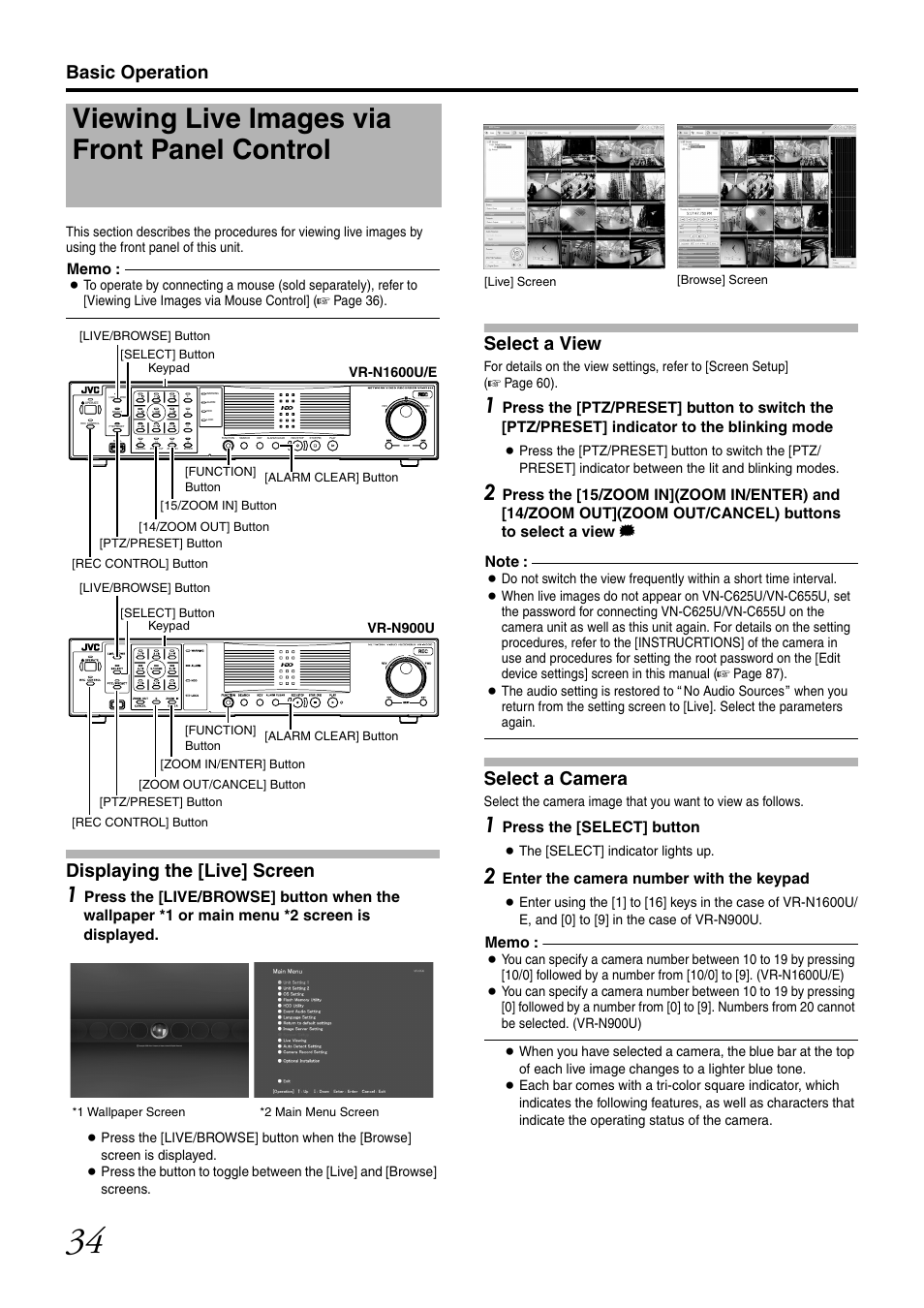 Viewing live images via front panel control, Displaying the [live] screen, Select a view | Select a camera, Basic operation, Press the [select] button, Enter the camera number with the keypad | JVC LST0728-001C User Manual | Page 42 / 168