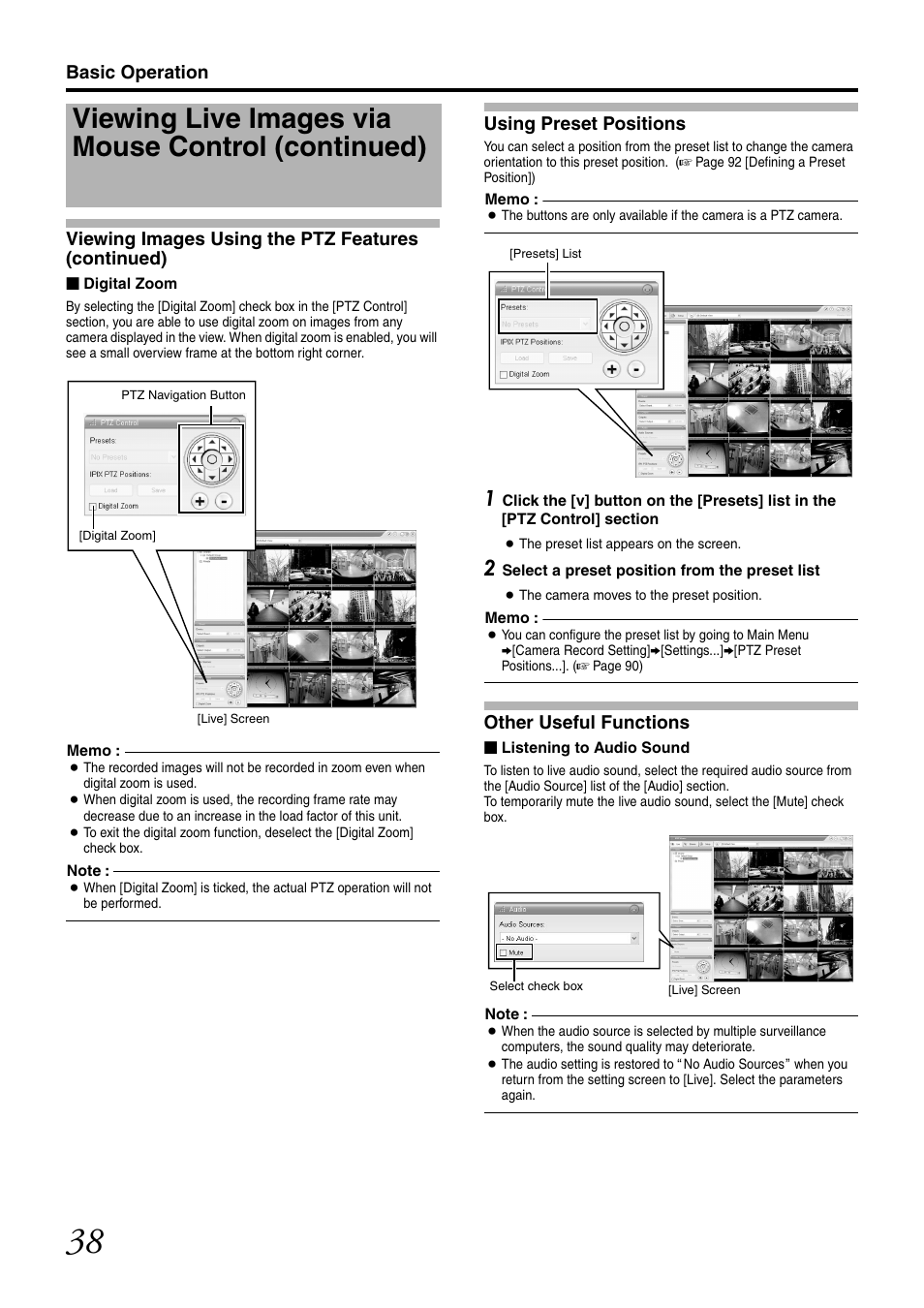 Using preset positions, Other useful functions, Viewing live images via mouse control (continued) | JVC LST0728-001C User Manual | Page 46 / 168