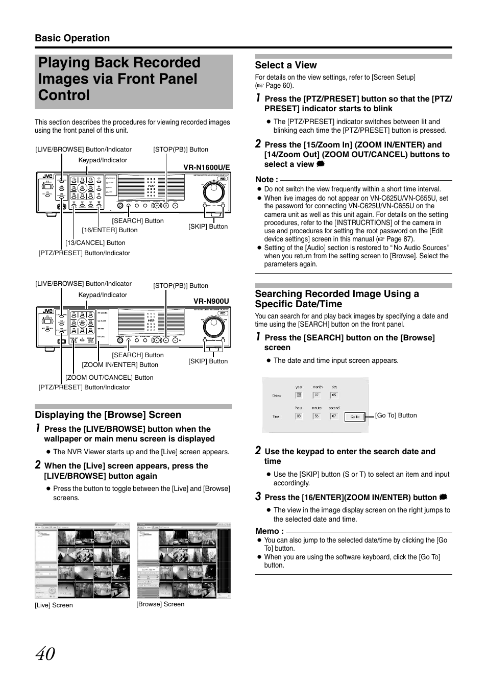 Select a view, Playing back recorded images via front panel, Control | Searching recorded image using a specific, Date/time, Basic operation, Displaying the [browse] screen, Press the [search] button on the [browse] screen, Use the keypad to enter the search date and time, Press the [16/enter](zoom in/enter) button | JVC LST0728-001C User Manual | Page 48 / 168