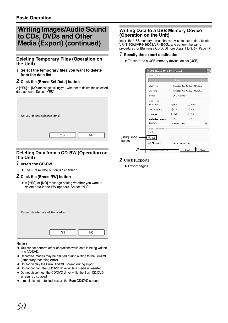 Deleting temporary files (operation on the unit), Deleting data from a cd-rw (operation on the unit), Deleting data from a cd-rw | Operation on the unit), Writing data to a usb memory device | JVC LST0728-001C User Manual | Page 58 / 168