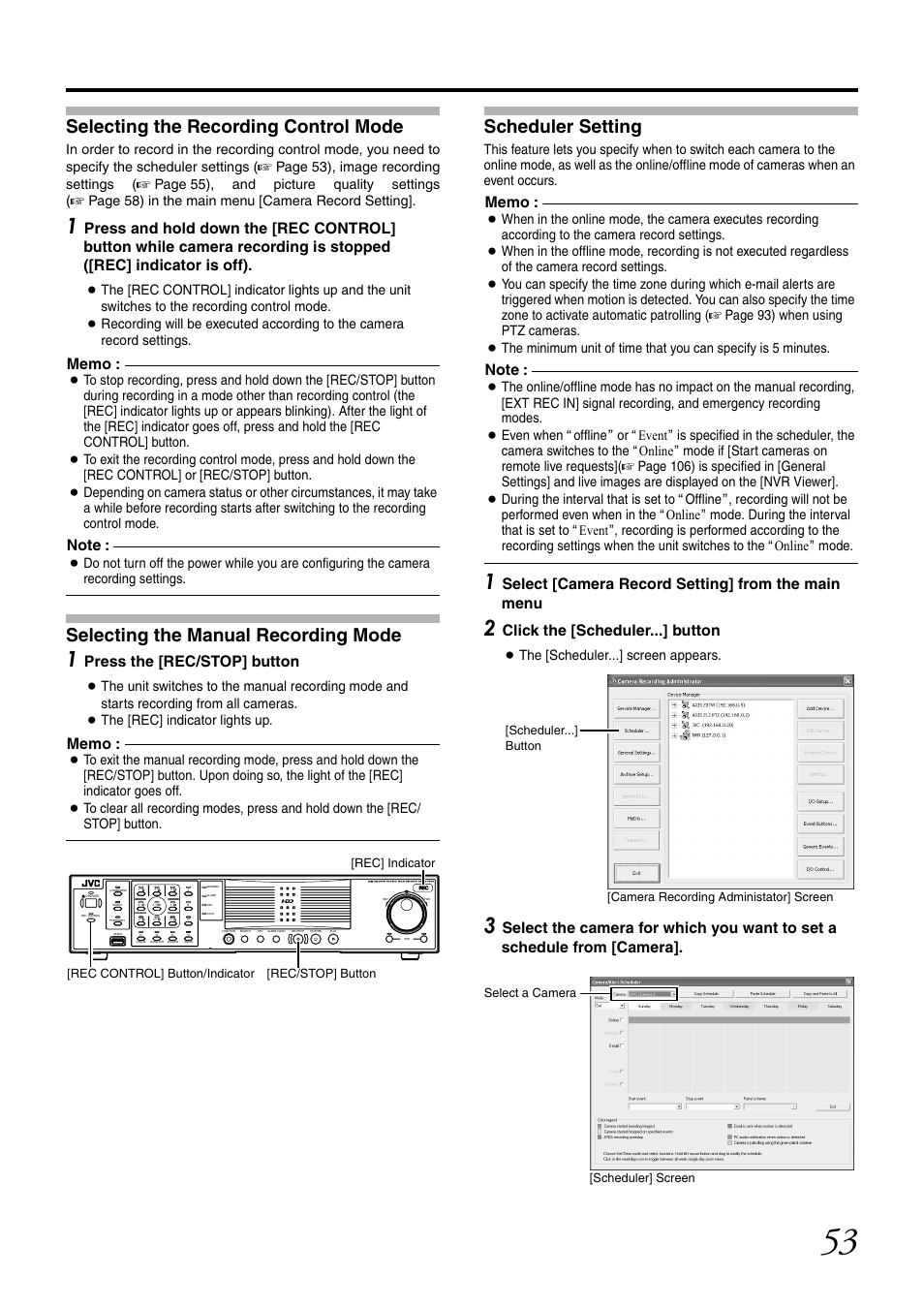 Selecting the recording control mode, Selecting the manual recording mode, Scheduler setting | Press the [rec/stop] button, Select [camera record setting] from the main menu, Click the [scheduler...] button, Recording settings, Stop] button, The [scheduler...] screen appears | JVC LST0728-001C User Manual | Page 61 / 168