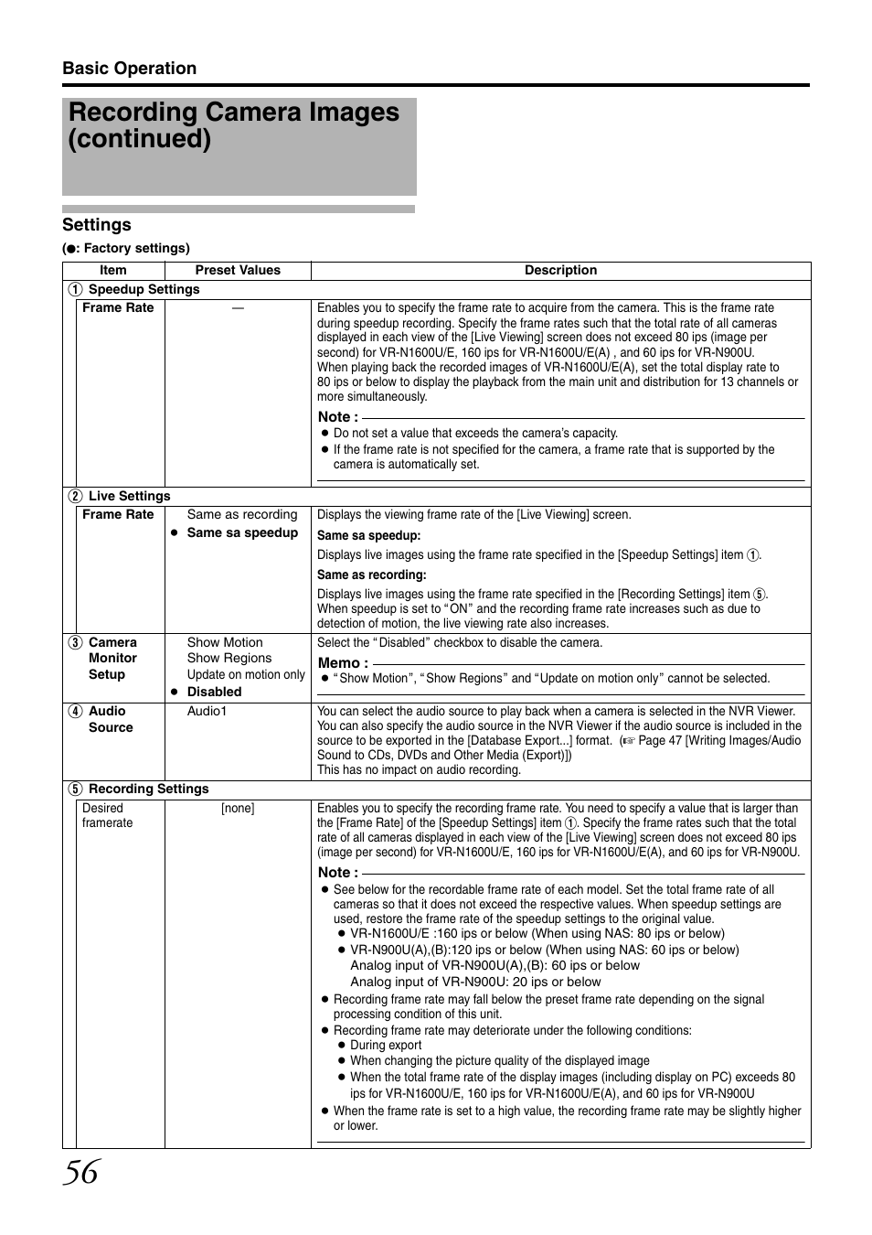 Settings, Recording camera images (continued), Basic operation settings | JVC LST0728-001C User Manual | Page 64 / 168