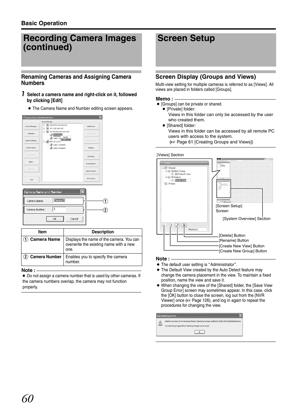 Renaming cameras and assigning camera numbers, Screen setup, Screen display (groups and views) | Renaming cameras and assigning camera, Numbers, Recording camera images (continued) | JVC LST0728-001C User Manual | Page 68 / 168