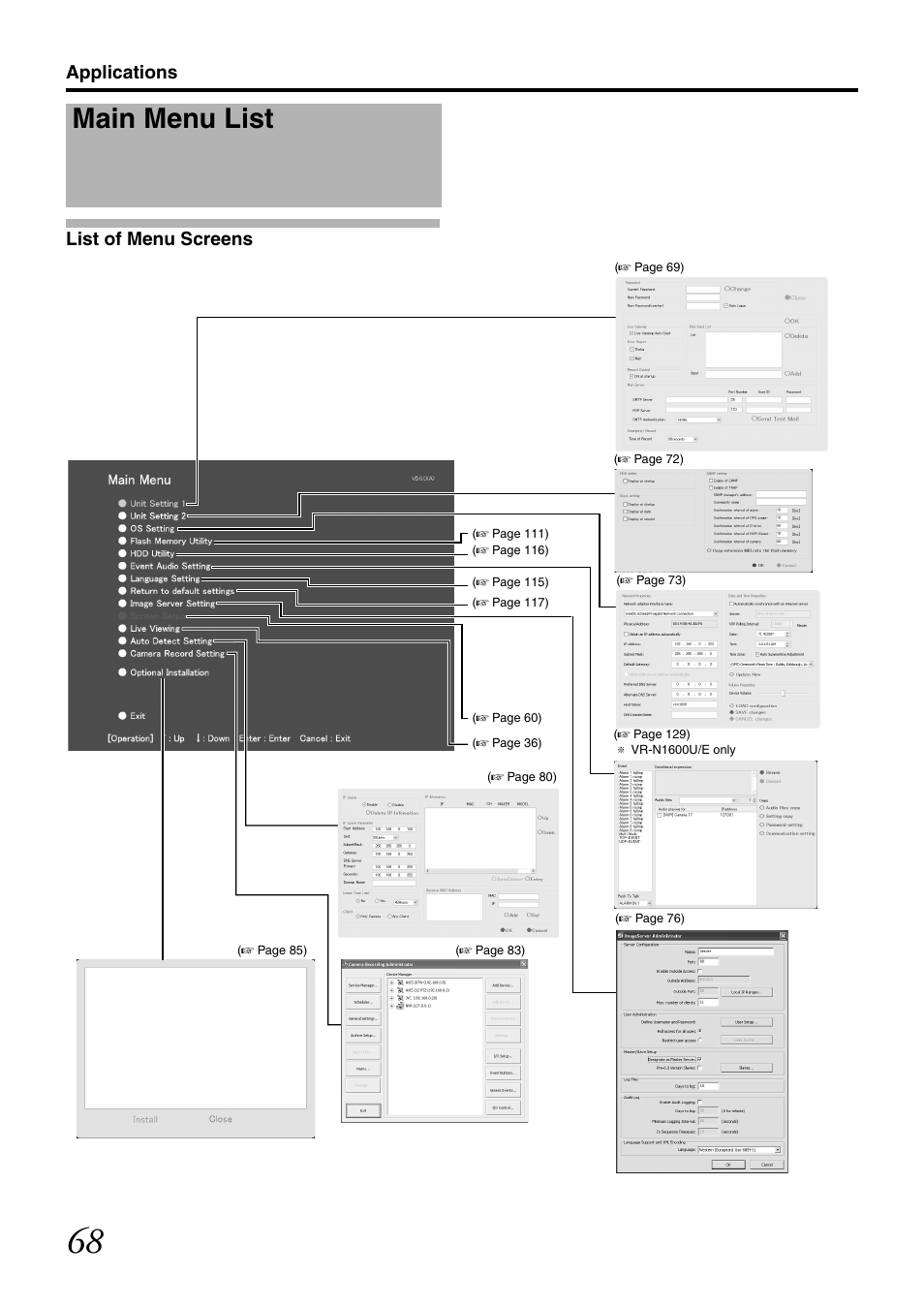 Applications, Main menu list, List of menu screens | Applications list of menu screens | JVC LST0728-001C User Manual | Page 76 / 168