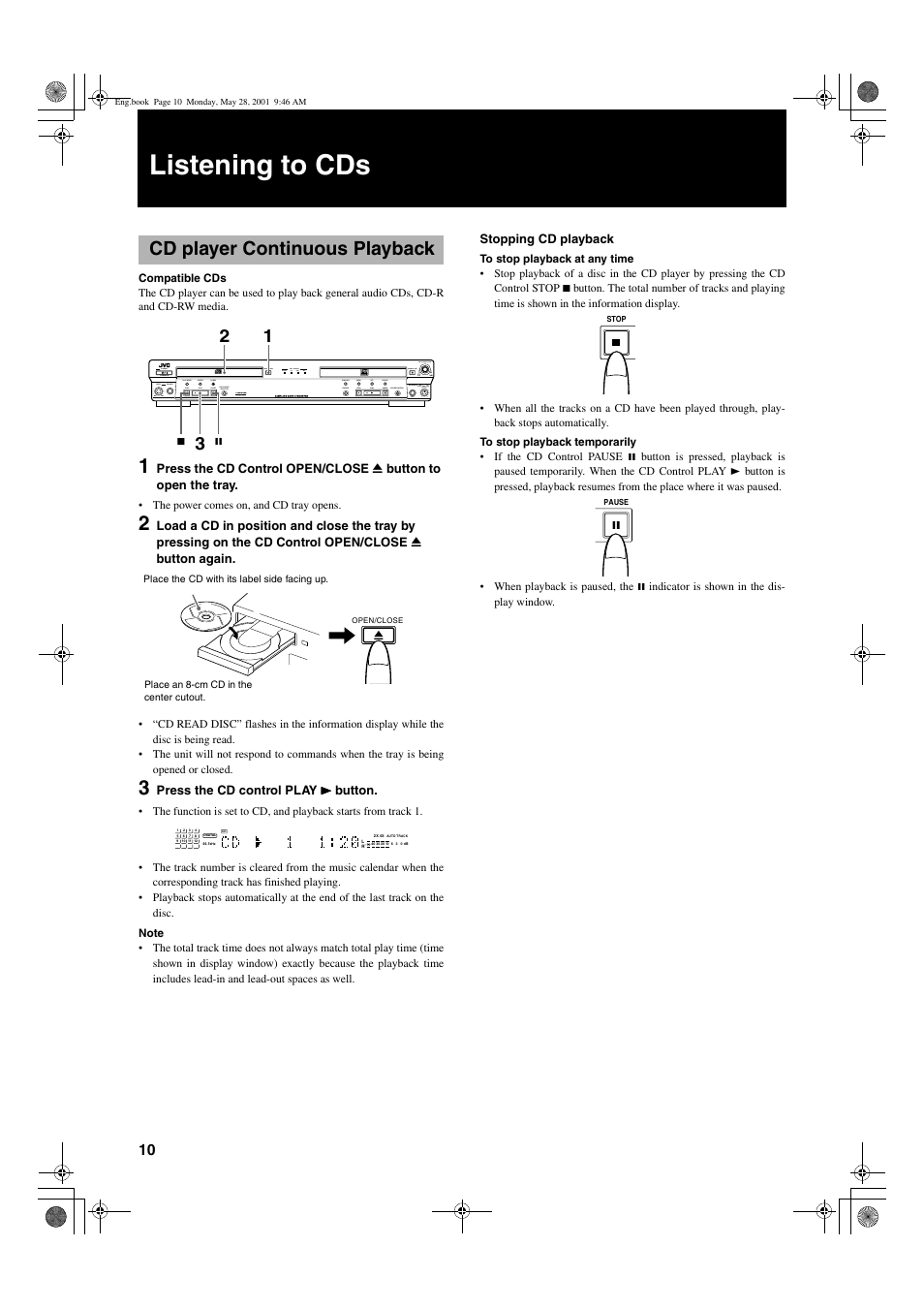 Listening to cds, Cd player continuous playback | JVC XL-R2010BK User Manual | Page 12 / 47