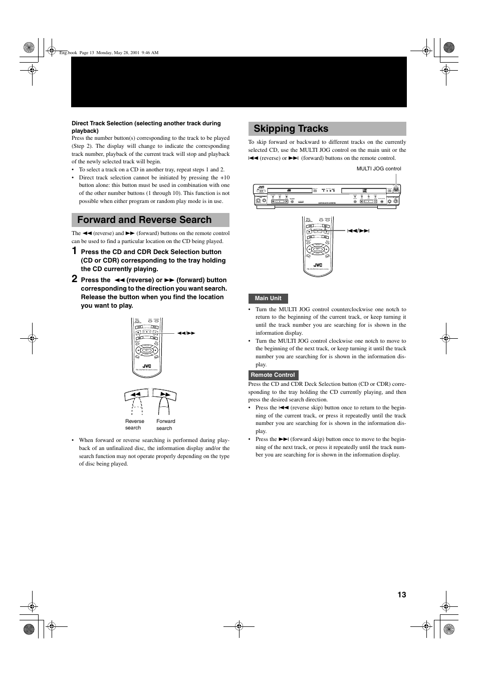 Forward and reverse search, Skipping tracks, 13 engli s h | Mix blance cd line line mic mic | JVC XL-R2010BK User Manual | Page 15 / 47