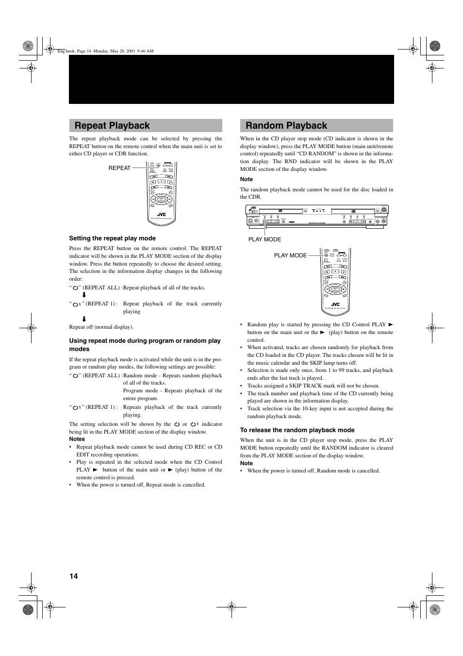 Repeat playback, Random playback, Mix blance cd line line mic mic | Setting the repeat play mode | JVC XL-R2010BK User Manual | Page 16 / 47