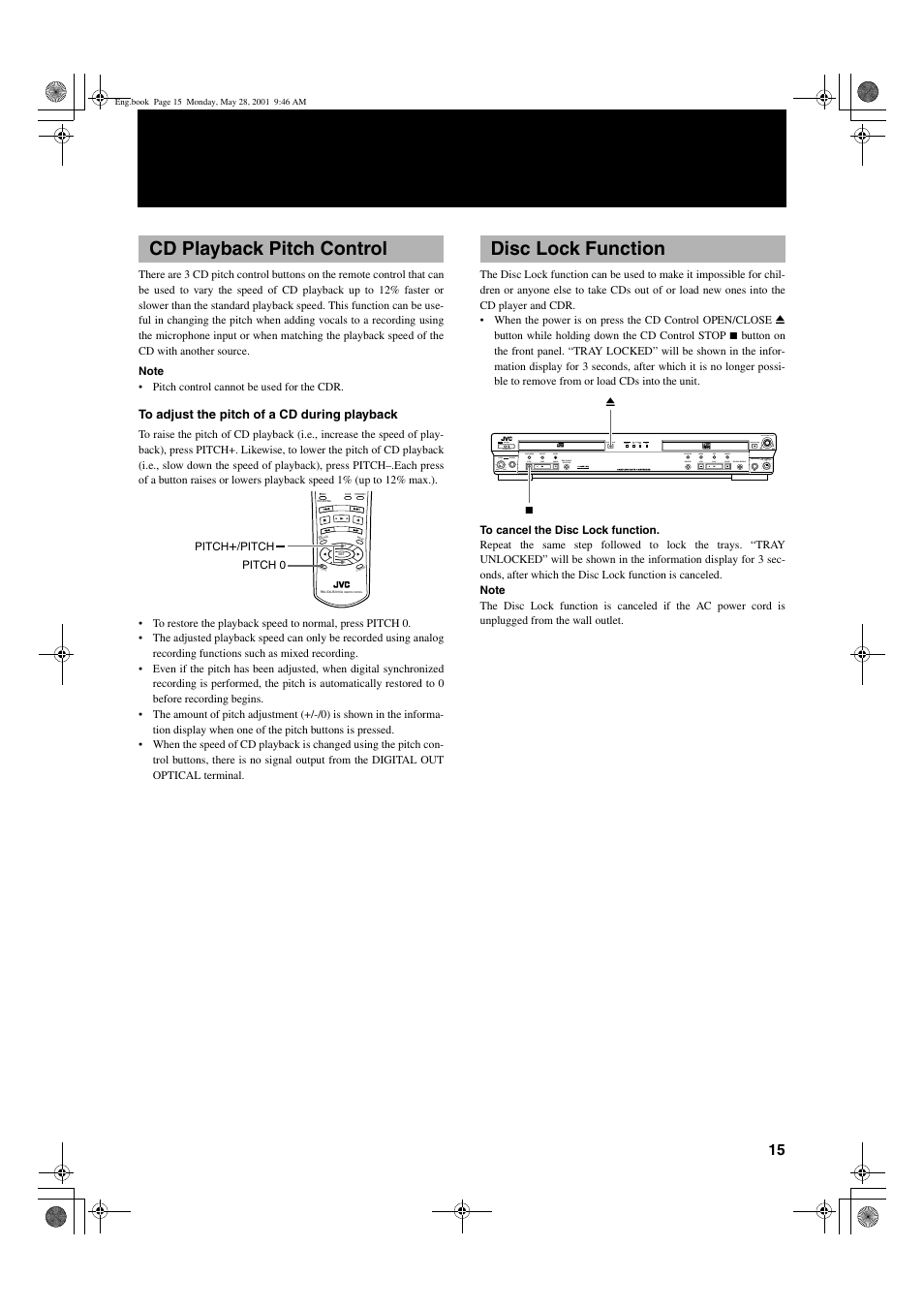 Cd playback pitch control, Disc lock function, 15 engli s h | Mix blance cd line line mic mic | JVC XL-R2010BK User Manual | Page 17 / 47