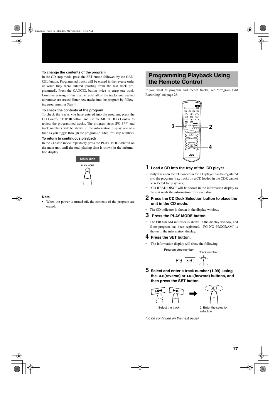 Programming playback using the remote control, 17 engli s h, Load a cd into the tray of the cd player | Press the play mode button, Press the set button, Select and enter a track number (1-99) using the, Reverse) or, Forward) buttons, and then press the set button | JVC XL-R2010BK User Manual | Page 19 / 47