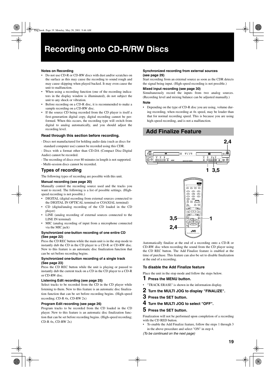 Recording onto cd-r/rw discs, Add finalize feature, 19 engli s h | Types of recording, Mix blance cd line line mic mic | JVC XL-R2010BK User Manual | Page 21 / 47