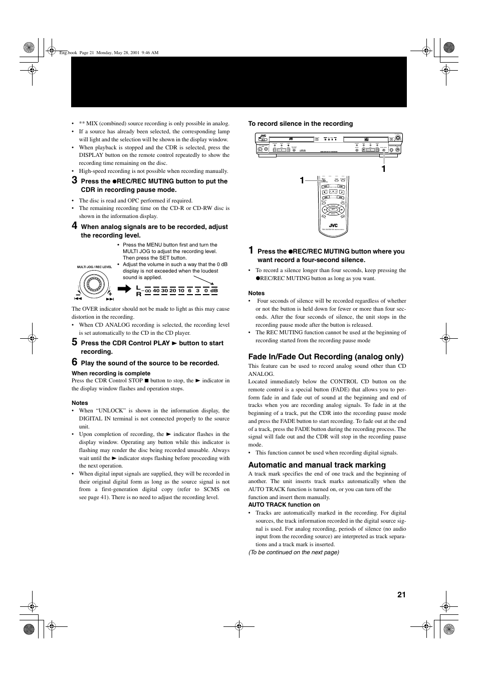 21 engli s h, Fade in/fade out recording (analog only), Automatic and manual track marking | JVC XL-R2010BK User Manual | Page 23 / 47