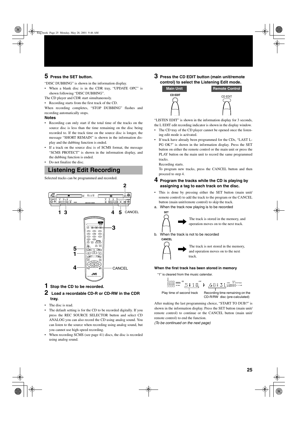 Listening edit recording, 25 engli s h, Mix blance cd line line mic mic | Press the set button, Stop the cd to be recorded, Load a recordable cd-r or cd-rw in the cdr tray | JVC XL-R2010BK User Manual | Page 27 / 47