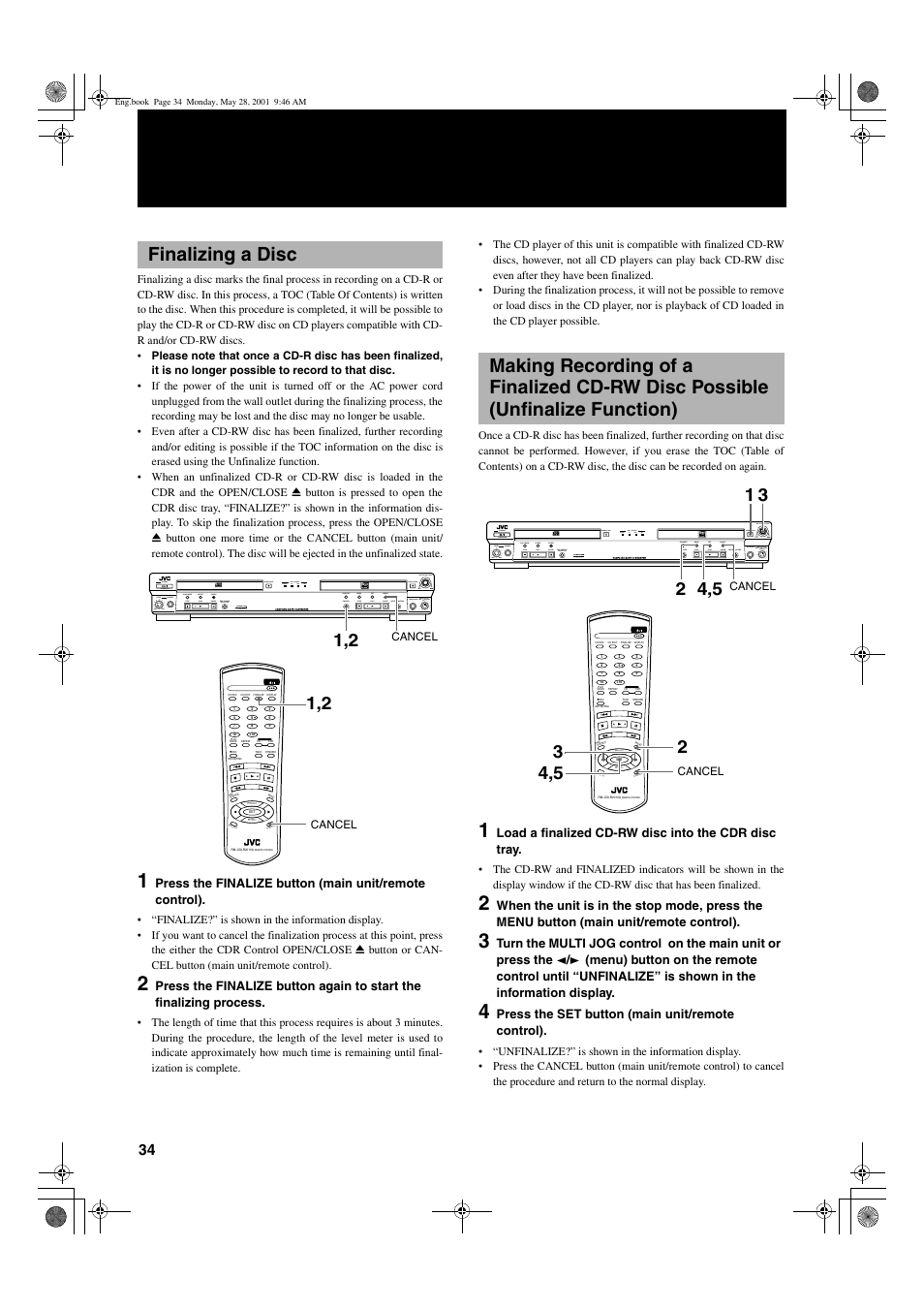 Finalizing a disc, Mix blance cd line line mic mic, Load a finalized cd-rw disc into the cdr disc tray | Press the set button (main unit/remote control) | JVC XL-R2010BK User Manual | Page 36 / 47