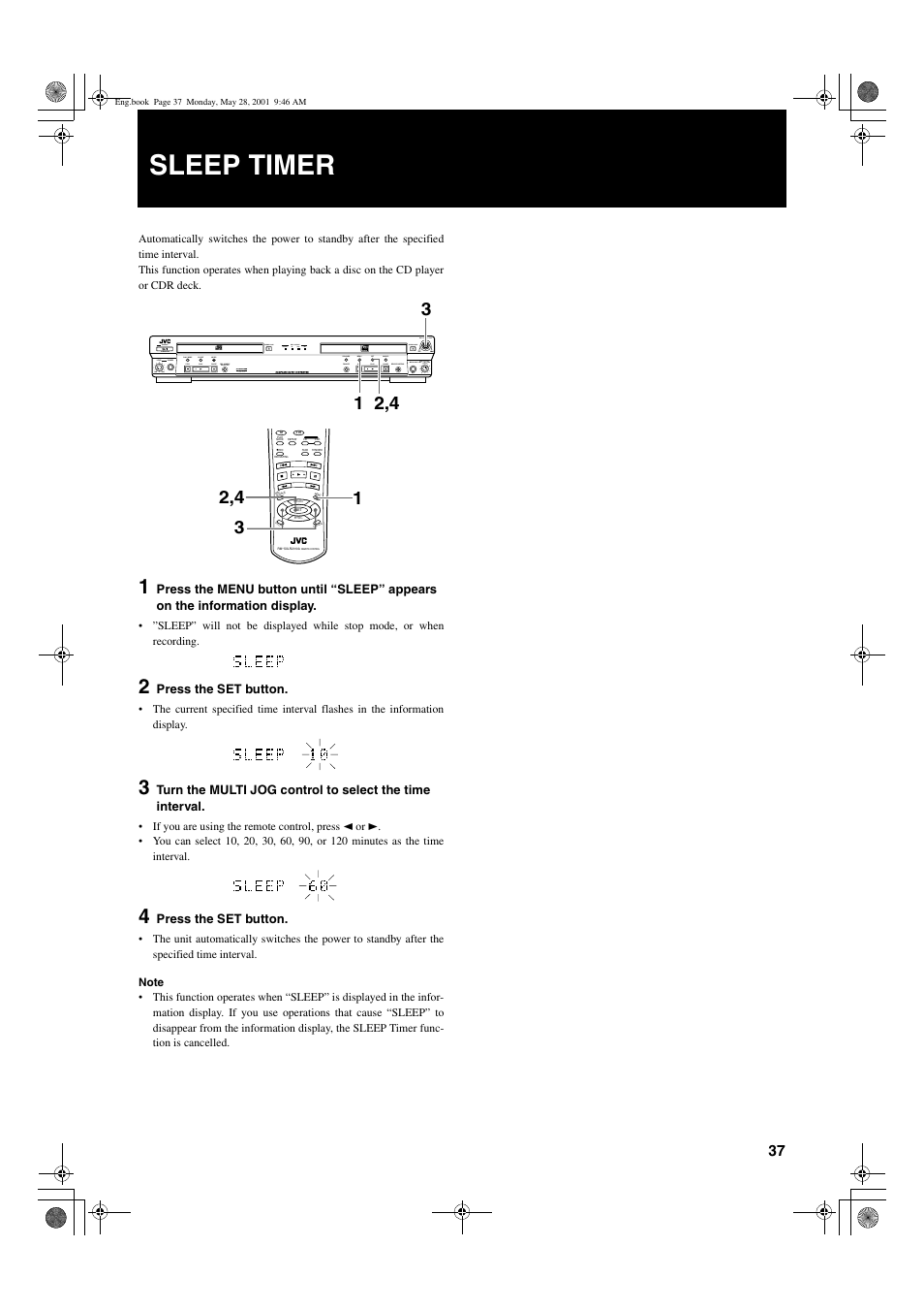 Sleep timer, 37 engli s h | JVC XL-R2010BK User Manual | Page 39 / 47