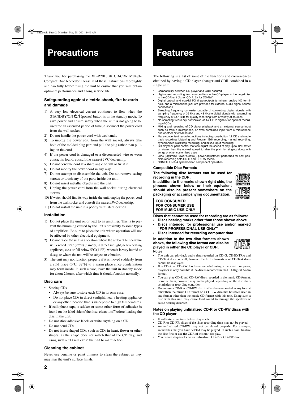 Precautions, Features | JVC XL-R2010BK User Manual | Page 4 / 47