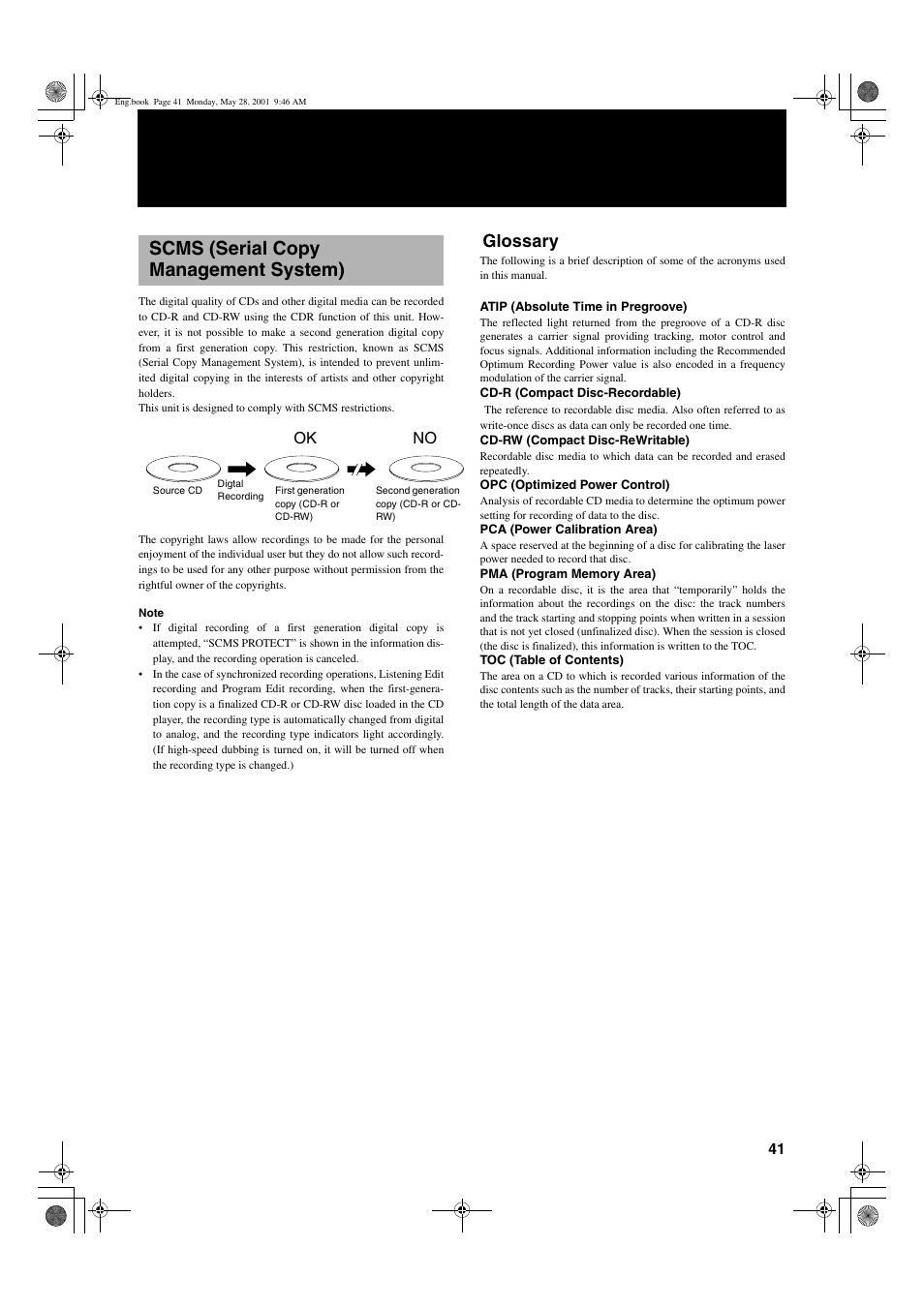 Scms (serial copy management system), Glossary, Ok no | JVC XL-R2010BK User Manual | Page 43 / 47