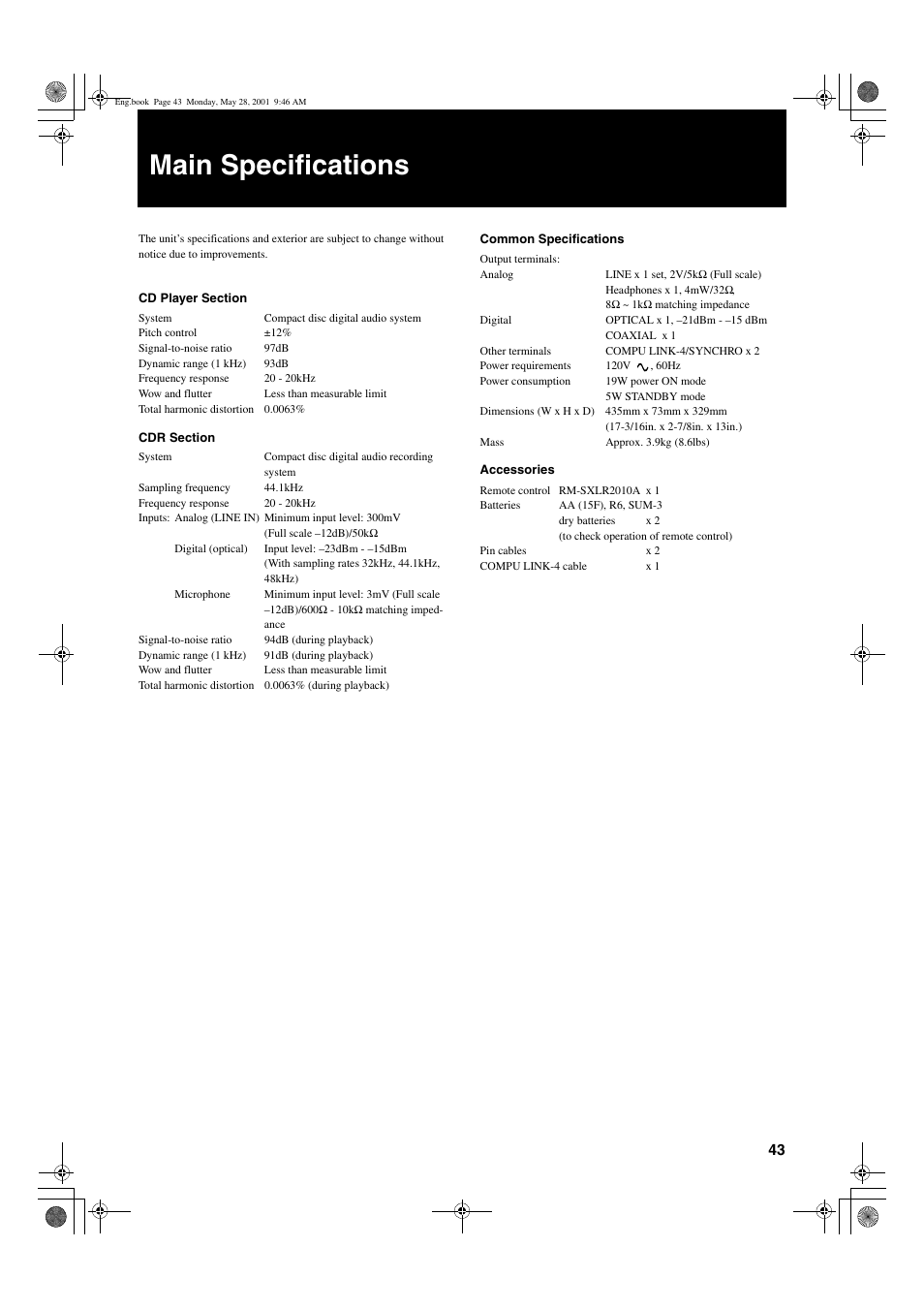 Main specifications, 43 engli s h | JVC XL-R2010BK User Manual | Page 45 / 47