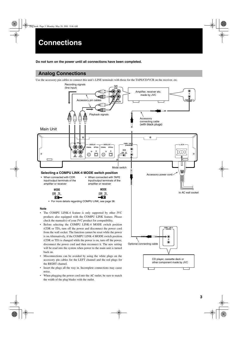 Connections, Analog connections, 3engli s h | Main unit, Selecting a compu link-4 mode switch position | JVC XL-R2010BK User Manual | Page 5 / 47