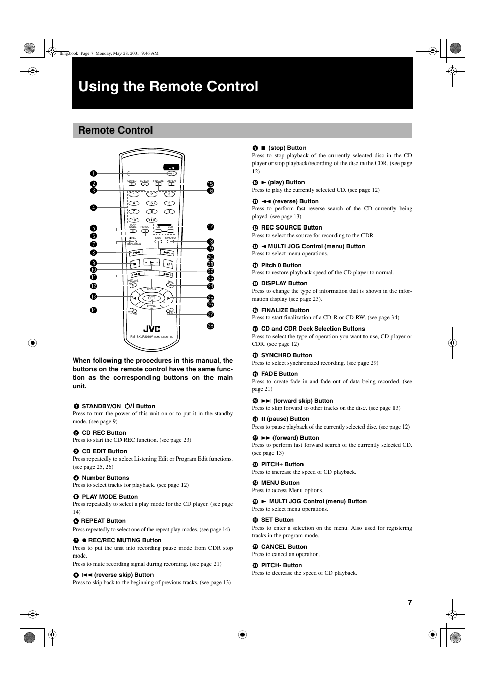 Using the remote control, Remote control, 7engli s h | JVC XL-R2010BK User Manual | Page 9 / 47