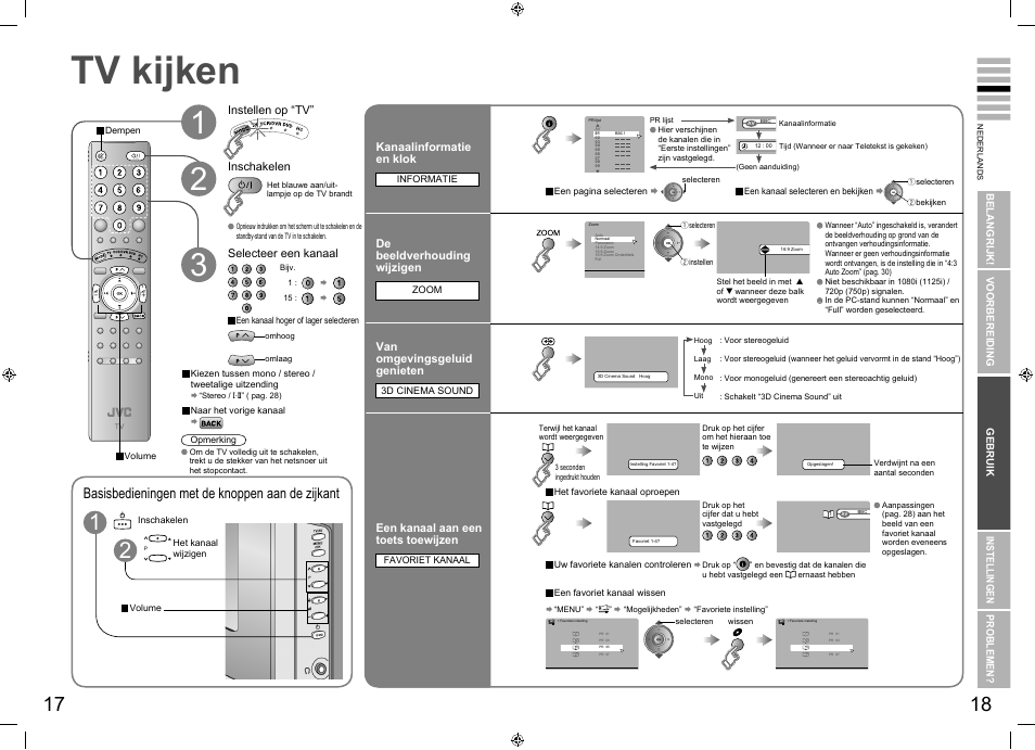 Tv kijken, Basisbedieningen met de knoppen aan de zijkant | JVC LT-32E70BU User Manual | Page 13 / 22