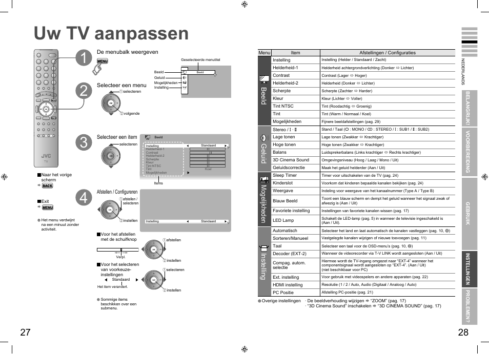 Zoals u het wilt, Uw tv aanpassen, Uw tv aanpassen ·························· 27 | Beeld, Geluid, Mogelijkheden, Instelling | JVC LT-32E70BU User Manual | Page 18 / 22