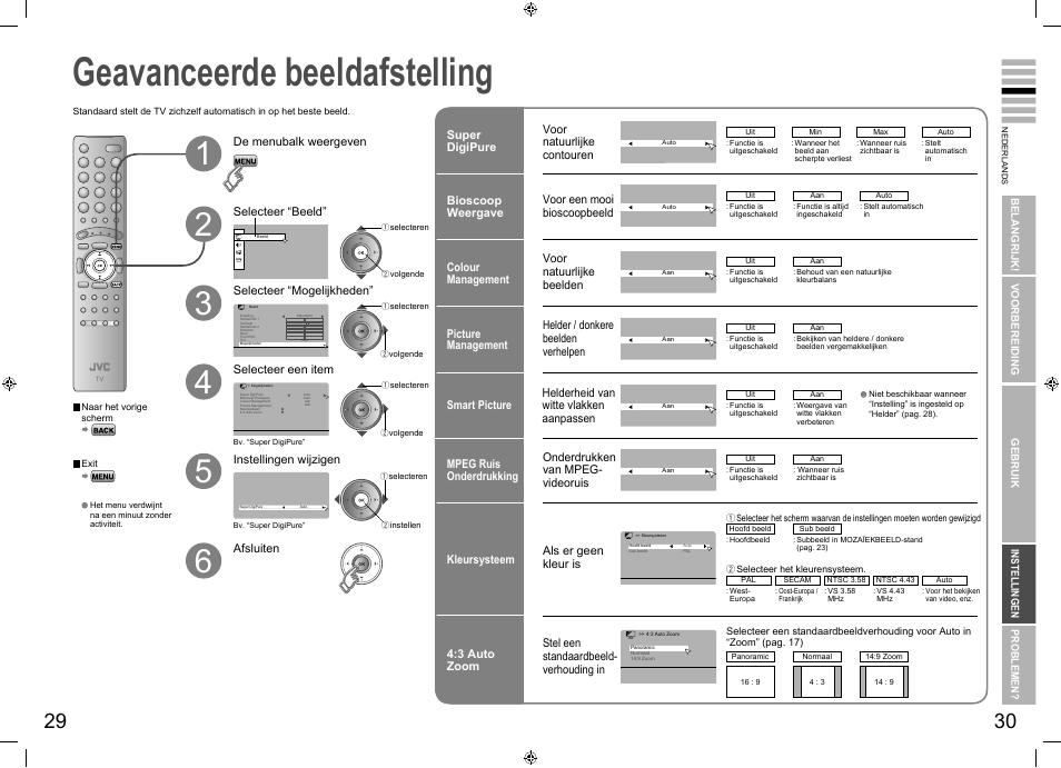 Geavanceerde beeldafstelling, De beeldverhouding, enz. instellen, Geavanceerde beeldafstelling ········ 29 | JVC LT-32E70BU User Manual | Page 19 / 22