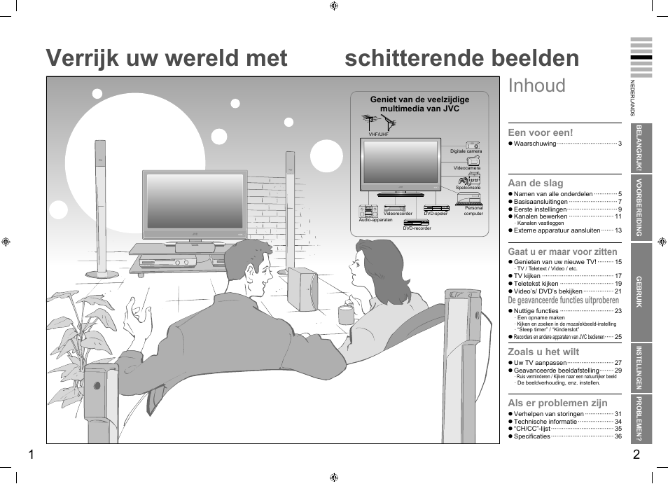 Verrijk uw wereld met, Schitterende beelden, Inhoud | Een voor een, Aan de slag, Gaat u er maar voor zitten, De geavanceerde functies uitproberen, Zoals u het wilt, Als er problemen zijn | JVC LT-32E70BU User Manual | Page 5 / 22