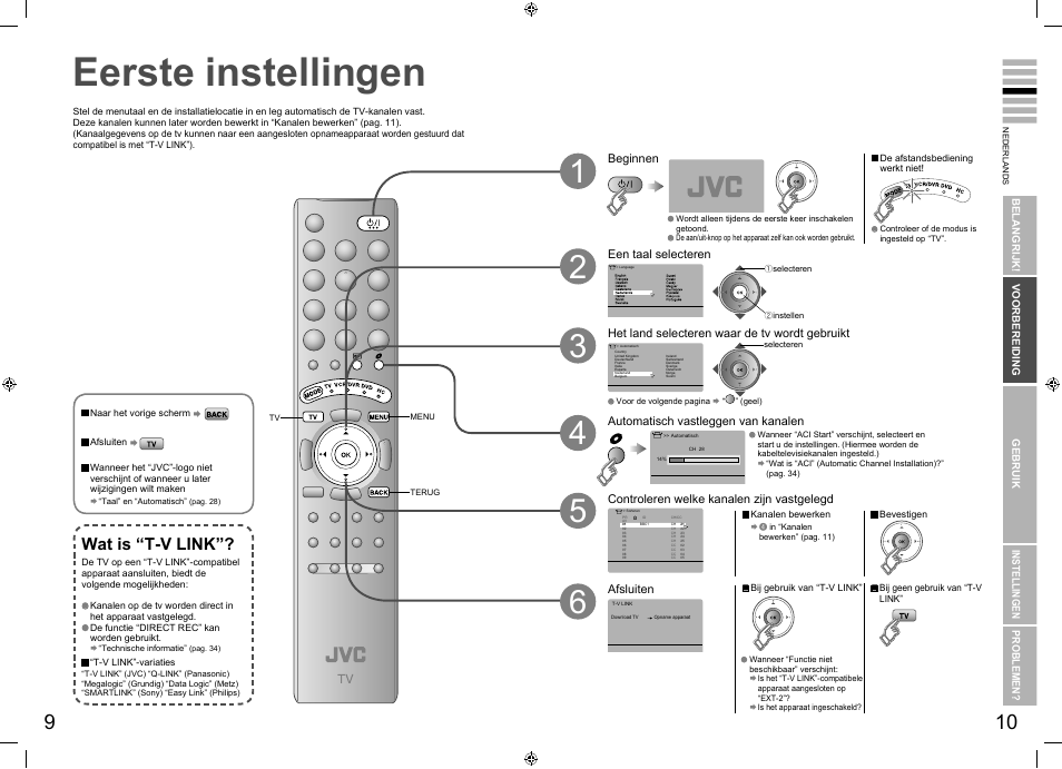 Eerste instellingen, Eerste instellingen ···························· 9, Wat is “t-v link | JVC LT-32E70BU User Manual | Page 9 / 22