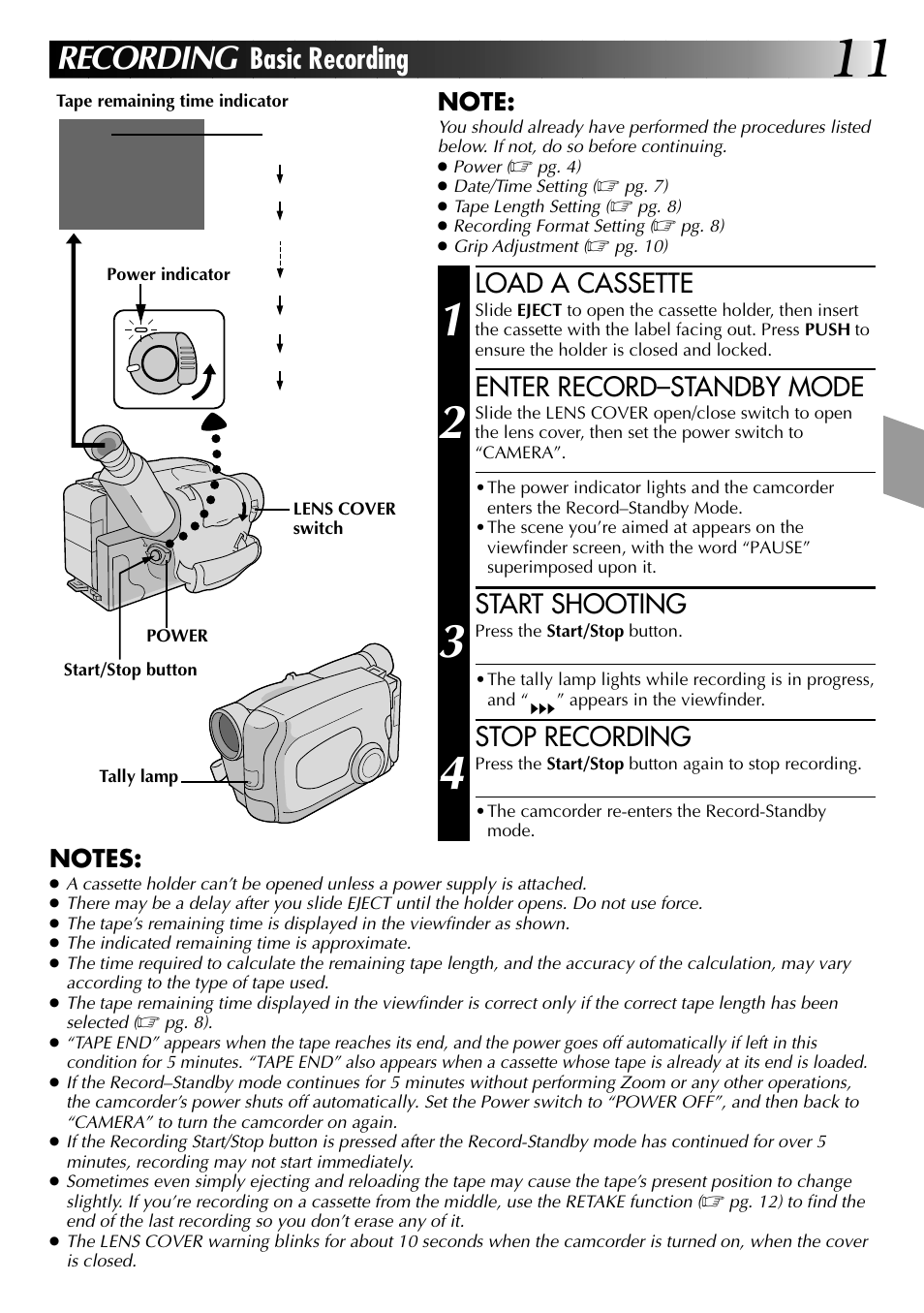 Recording, Basic recording, Load a cassette | Enter record–standby mode, Start shooting, Stop recording | JVC 0597TOV*UN*SN User Manual | Page 11 / 50