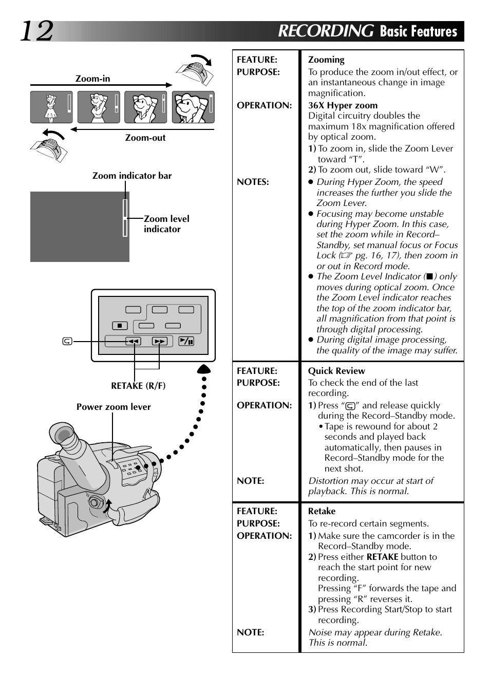 Recording, Basic features | JVC 0597TOV*UN*SN User Manual | Page 12 / 50