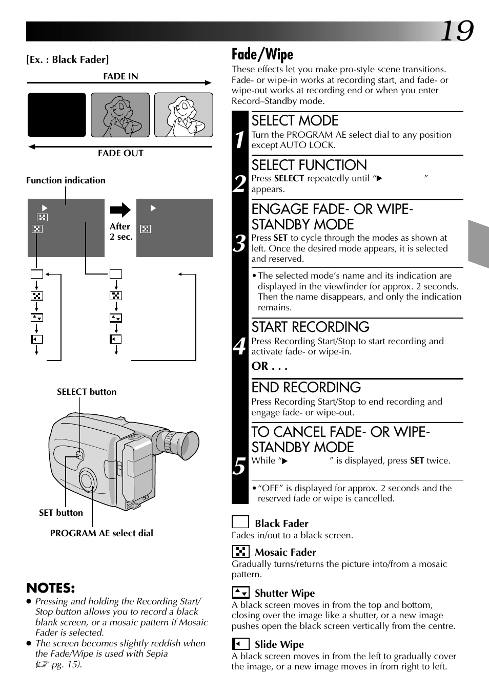 Fade/wipe, Select mode, Select function | Engage fade- or wipe- standby mode, Start recording, End recording | JVC 0597TOV*UN*SN User Manual | Page 19 / 50