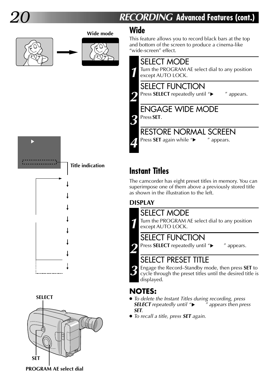 Recording, Advanced features (cont.) wide, Instant titles | JVC 0597TOV*UN*SN User Manual | Page 20 / 50