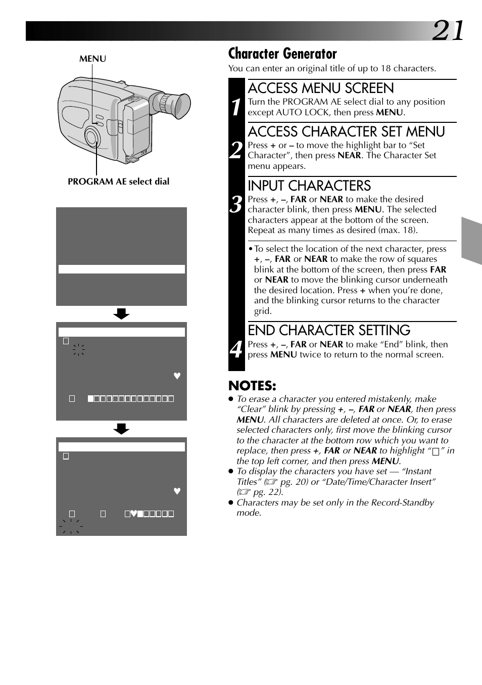 Character generator, Access menu screen, Access character set menu | Input characters, End character setting | JVC 0597TOV*UN*SN User Manual | Page 21 / 50