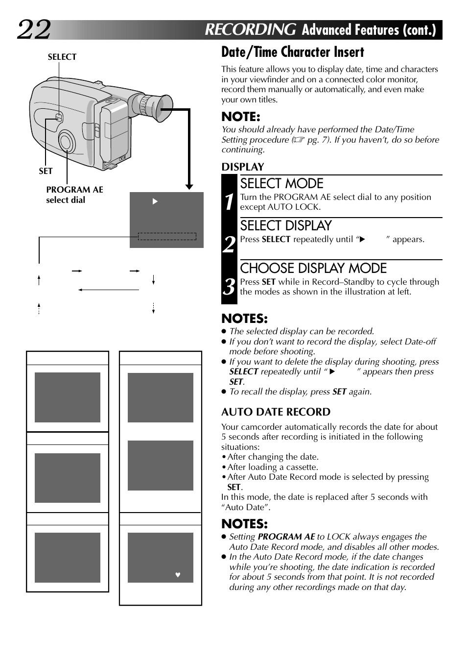 Recording, Select mode, Select display | Choose display mode | JVC 0597TOV*UN*SN User Manual | Page 22 / 50