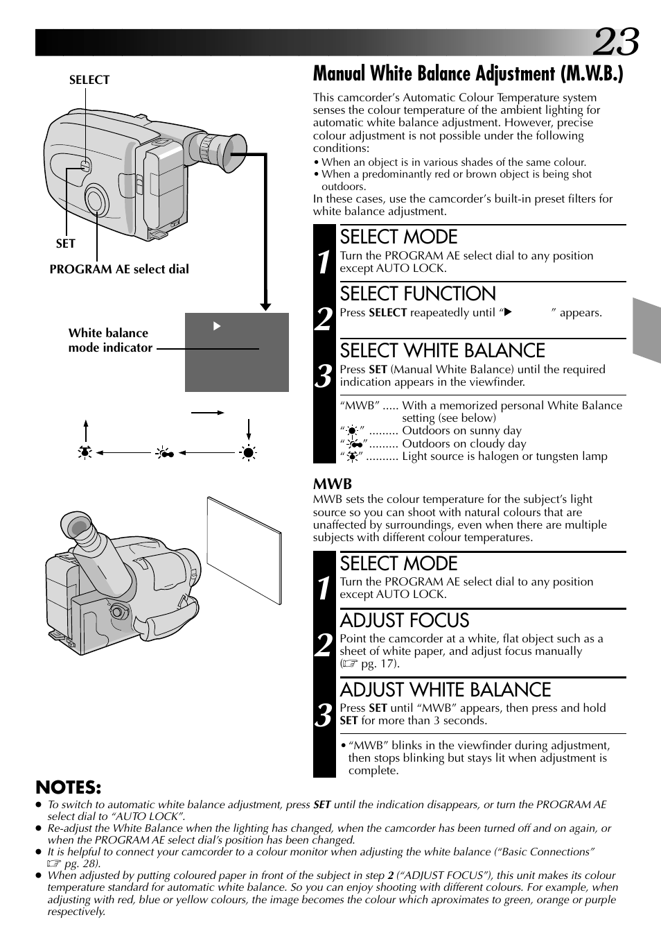 Manual white balance adjustment (m.w.b.), Select mode, Select function | Select white balance, Adjust focus, Adjust white balance | JVC 0597TOV*UN*SN User Manual | Page 23 / 50