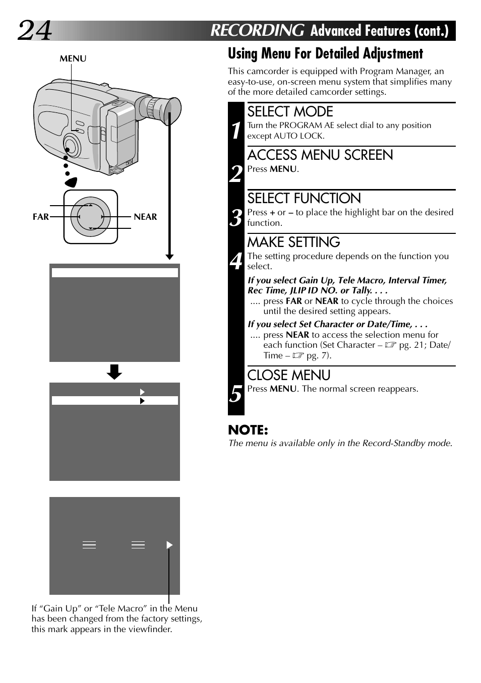 Recording, Using menu for detailed adjustment, Advanced features (cont.) | Select mode, Access menu screen, Select function, Make setting, Close menu | JVC 0597TOV*UN*SN User Manual | Page 24 / 50