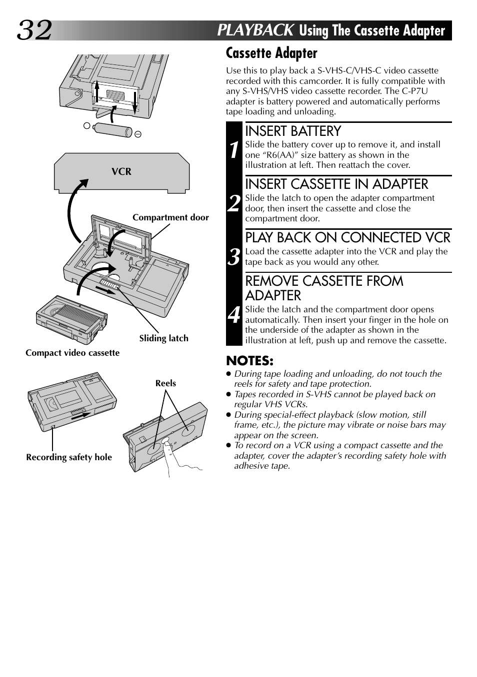 Playback, Using the cassette adapter cassette adapter | JVC 0597TOV*UN*SN User Manual | Page 32 / 50