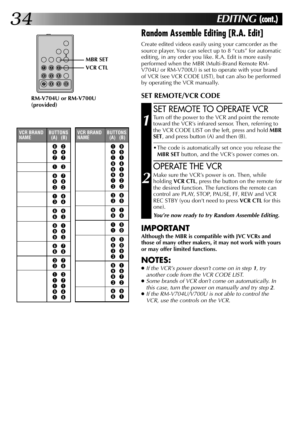 Editing, Random assemble editing [r.a. edit, Cont.) | Set remote to operate vcr, Operate the vcr, Important, Set remote/vcr code | JVC 0597TOV*UN*SN User Manual | Page 34 / 50