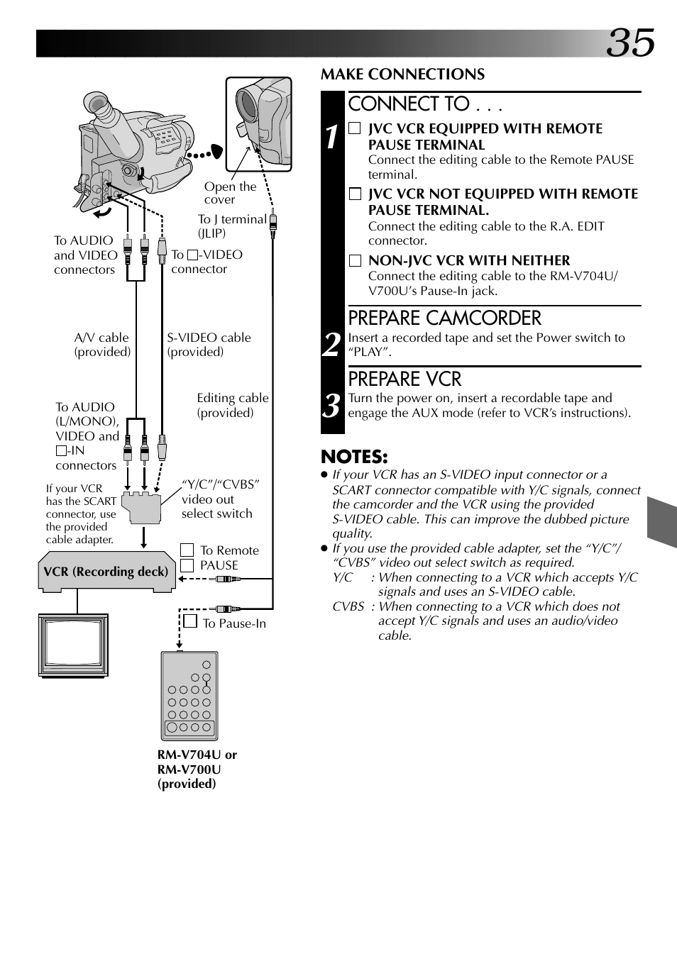 Connect to, Prepare camcorder, Prepare vcr | JVC 0597TOV*UN*SN User Manual | Page 35 / 50