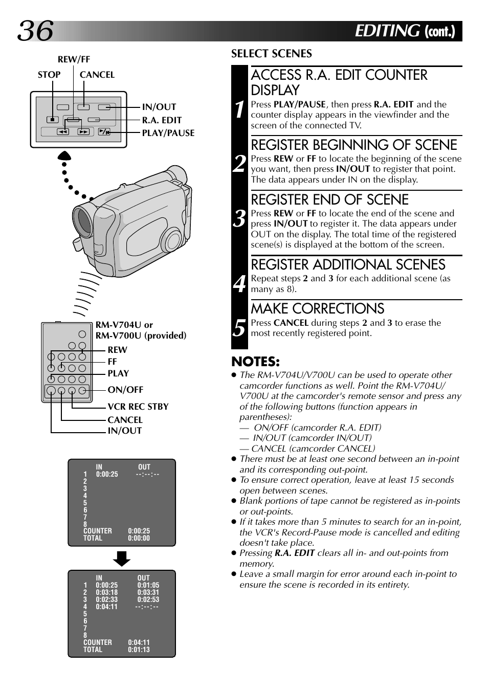 Editing, Cont.), Access r.a. edit counter display | Register beginning of scene, Register end of scene, Register additional scenes, Make corrections | JVC 0597TOV*UN*SN User Manual | Page 36 / 50