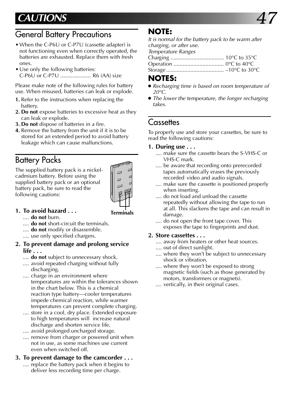 Cautions, General battery precautions, Battery packs | Cassettes | JVC 0597TOV*UN*SN User Manual | Page 47 / 50