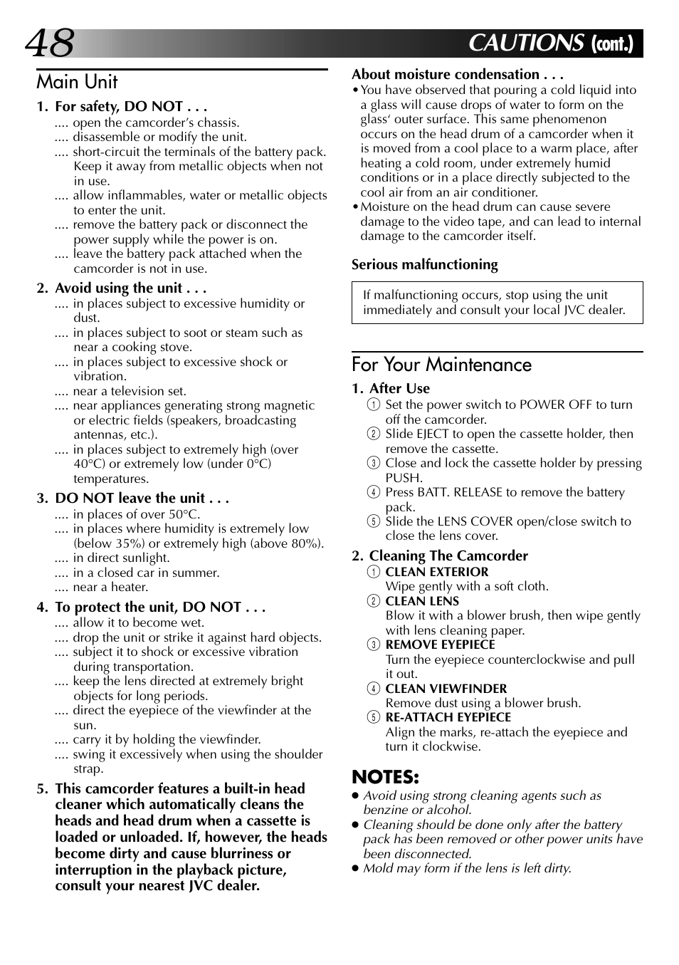 Cautions, Cont.), Main unit | For your maintenance | JVC 0597TOV*UN*SN User Manual | Page 48 / 50