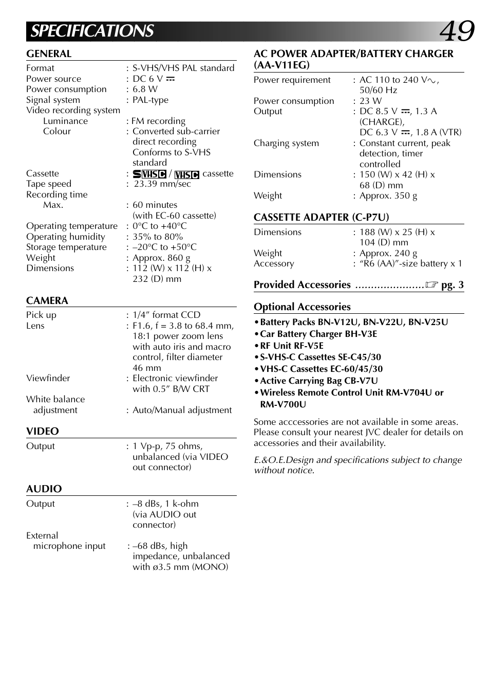 Specifications | JVC 0597TOV*UN*SN User Manual | Page 49 / 50