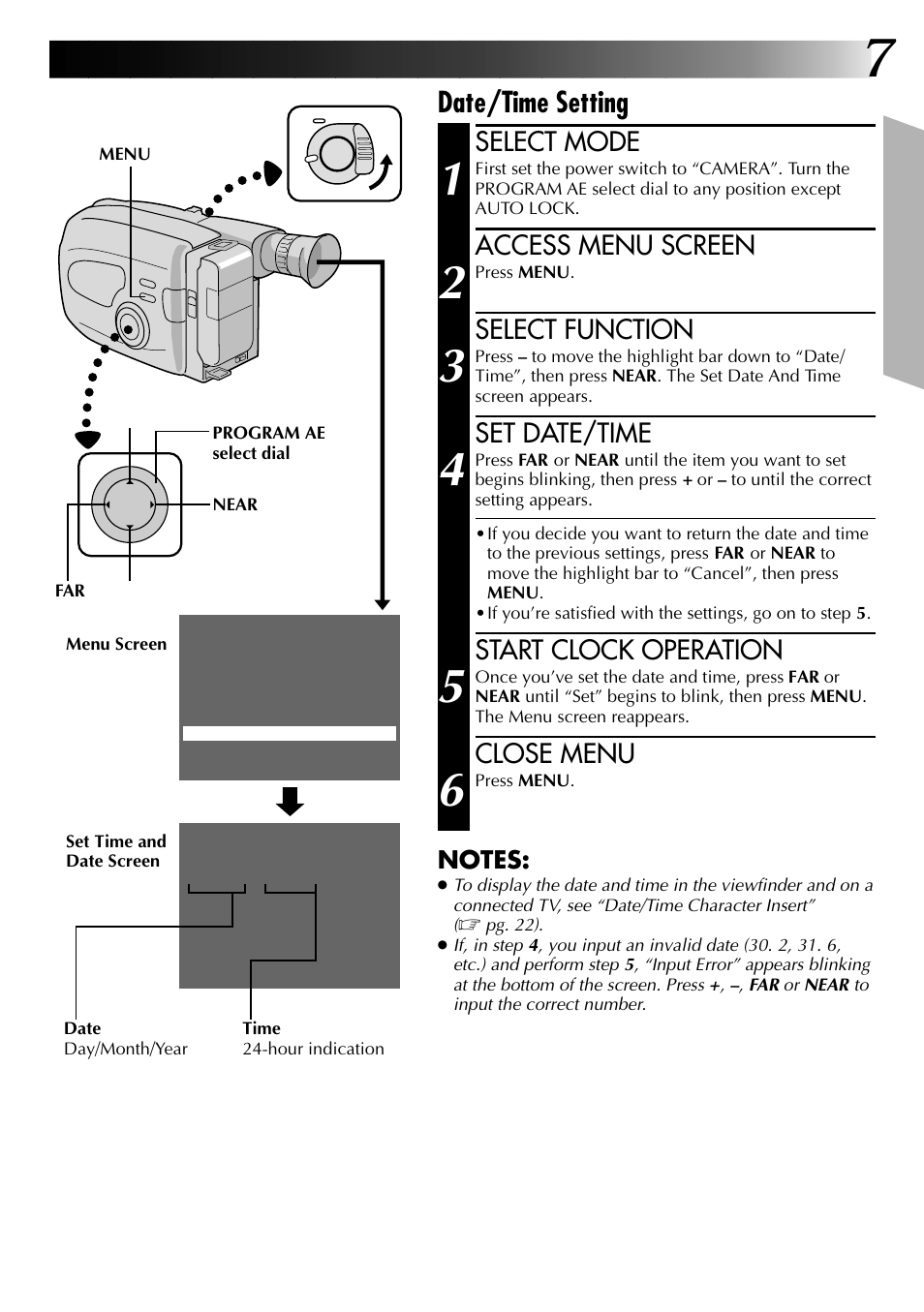 Date/time setting, Select mode, Access menu screen | Select function, Set date/time, Start clock operation, Close menu | JVC 0597TOV*UN*SN User Manual | Page 7 / 50