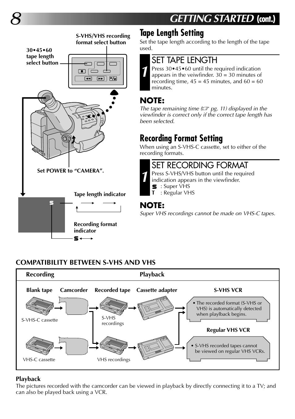 Getting started, Cont.) tape length setting, Recording format setting | Set tape length, Set recording format | JVC 0597TOV*UN*SN User Manual | Page 8 / 50