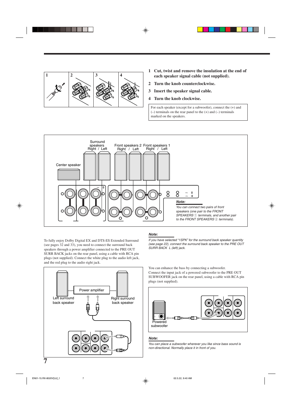 Basic connecting procedure, Connecting the front, center and surround speakers, Connecting the surround back speakers | Connecting the subwoofer speaker | JVC RX-8020VBK User Manual | Page 10 / 64